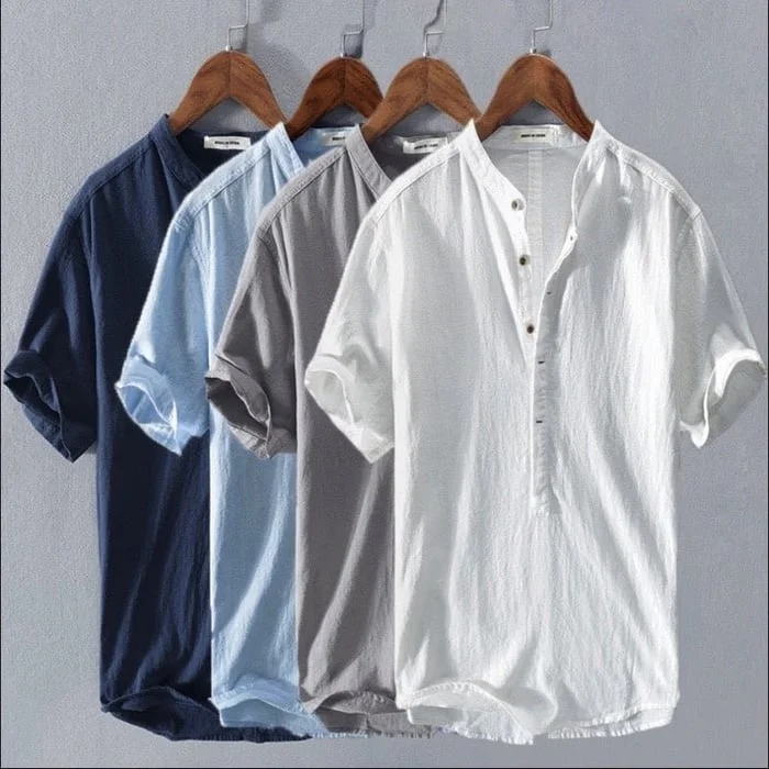 Men's short-sleeved cotton and linen shirt