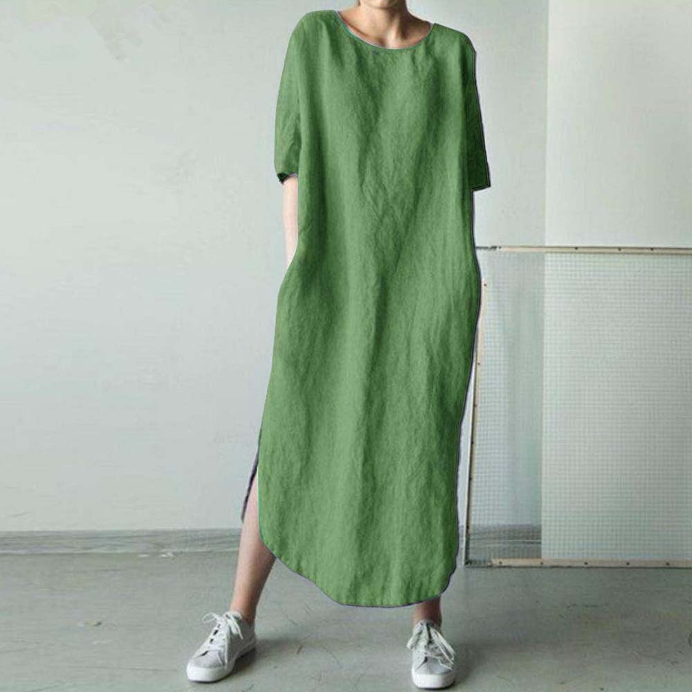 Women's fashionable side slit round neck cotton and linen dress