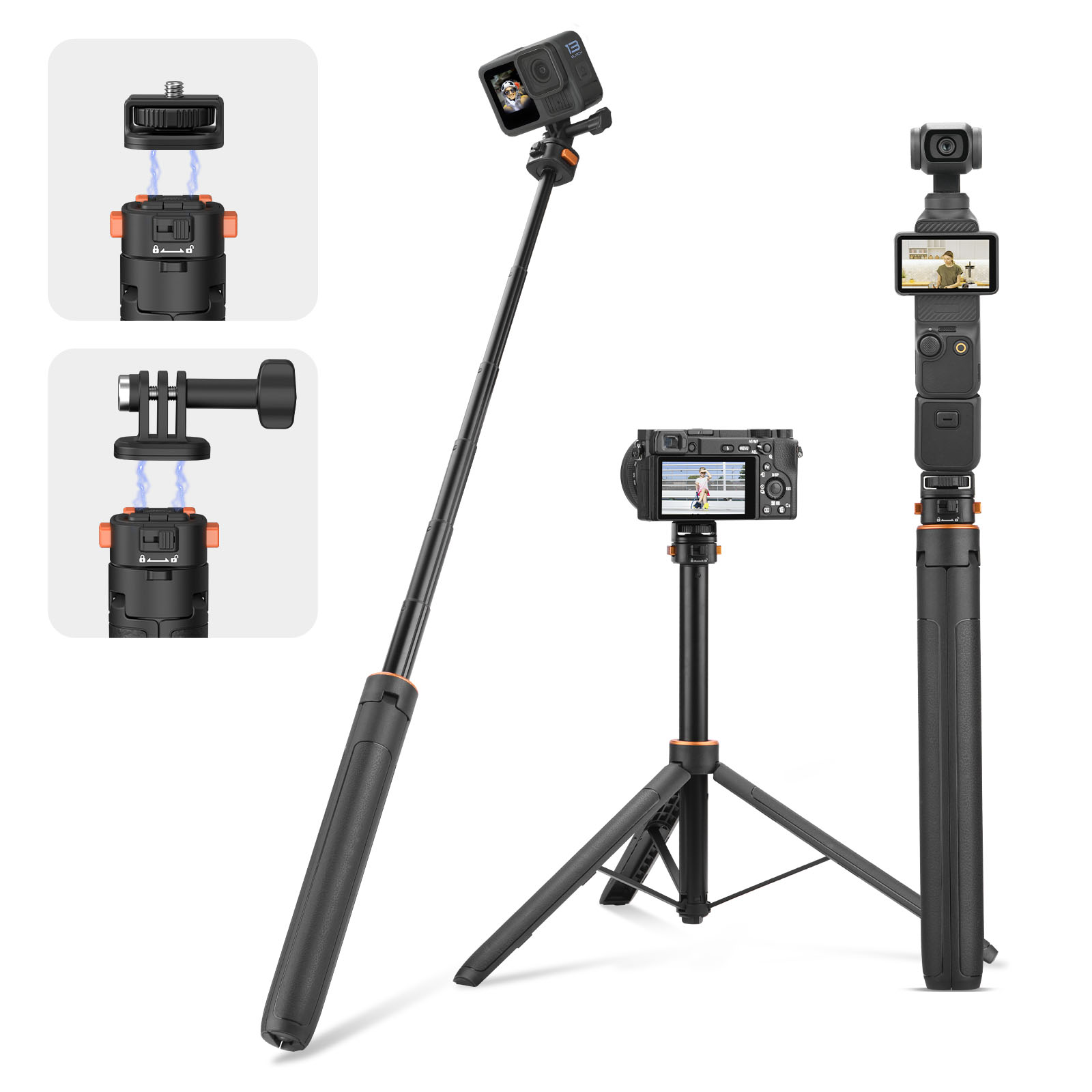 64in Pocket 3 Selfie Stick Tripod for GoPro Action Camera, Extendable Stand with Quick Release 1/4'' Screw Vlog for DJI Osmo Pocket 3 Action 5 Pro 4 3 For Insta360 X4 X3 X2 for AKASO DSLR Accessories