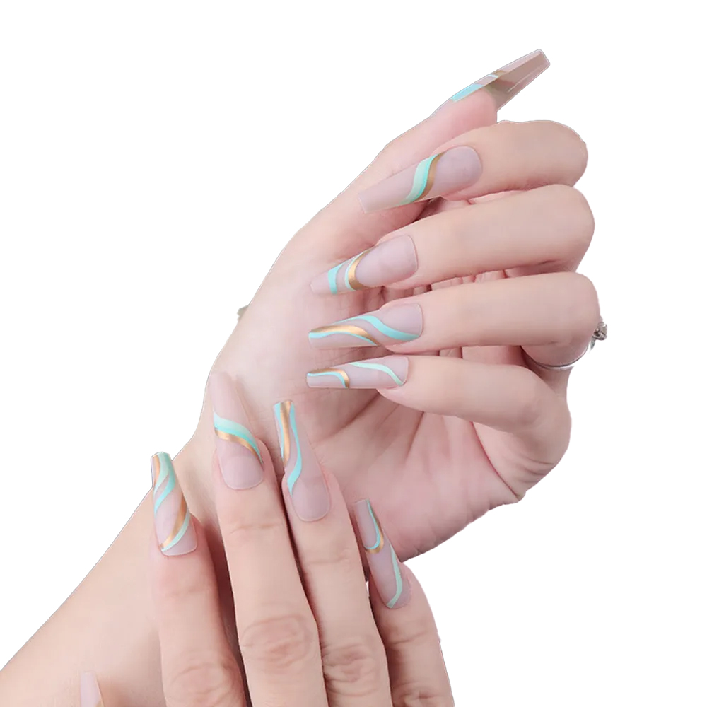 Mint green gold thread wavy press on flase nails