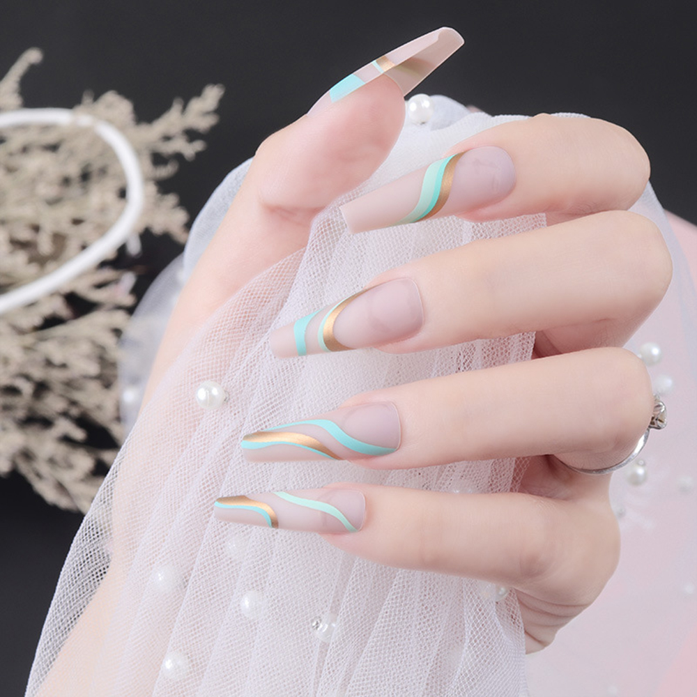 Mint green gold thread wavy press on flase nails