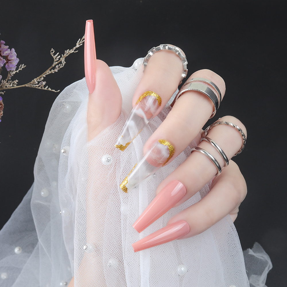 Pink smudged gold glitter press on false nails