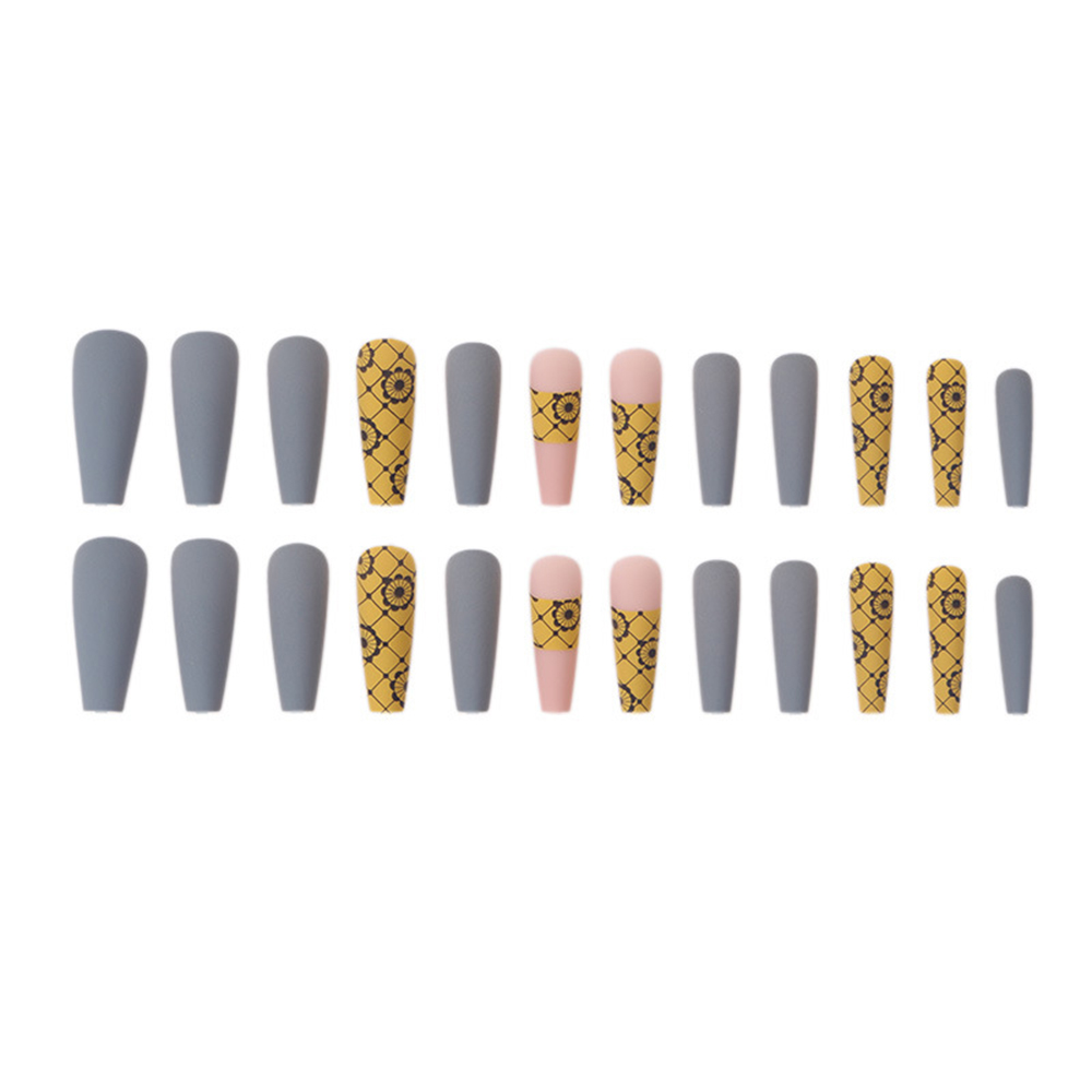 Gray and yellow flower contrast press on false nails
