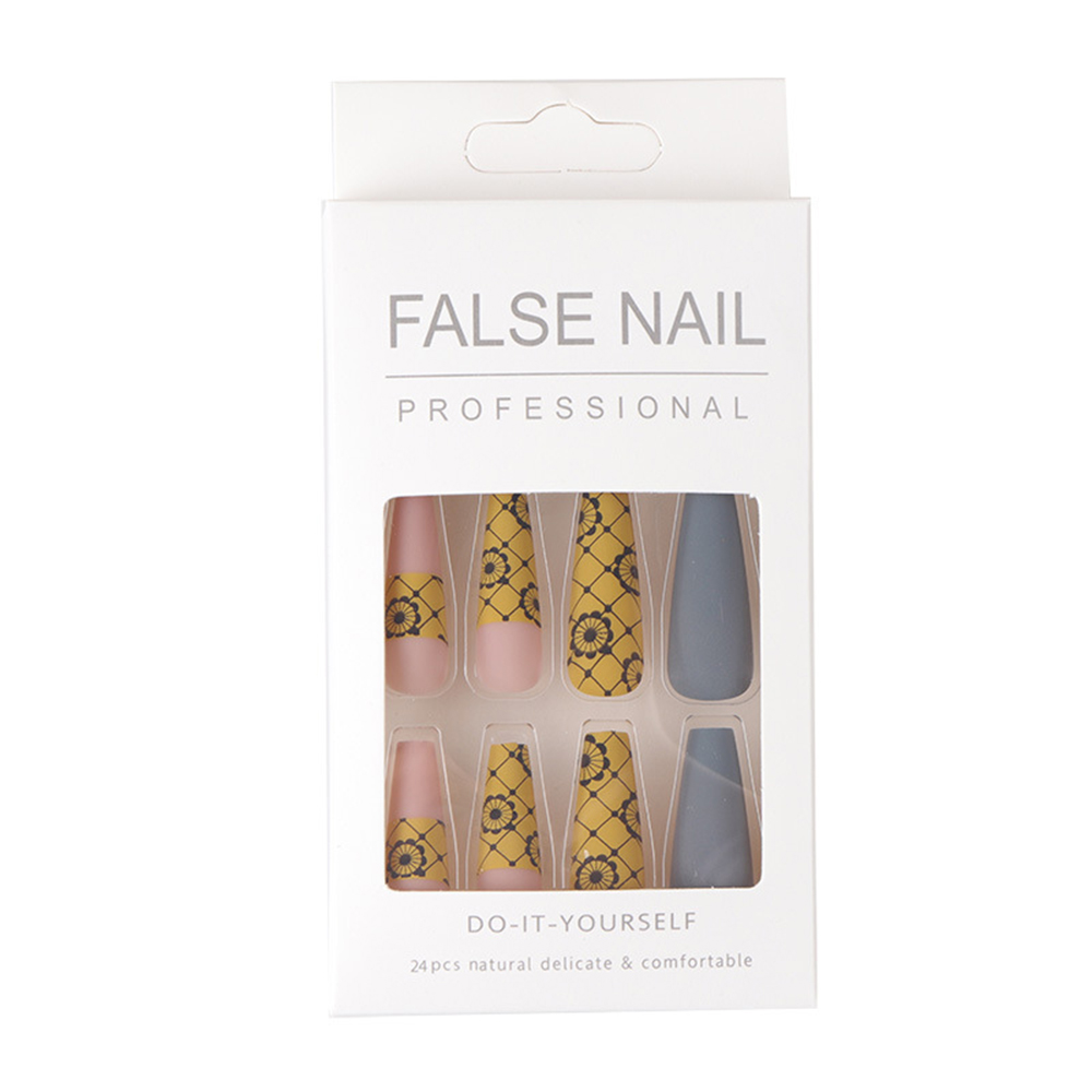 Gray and yellow flower contrast press on false nails