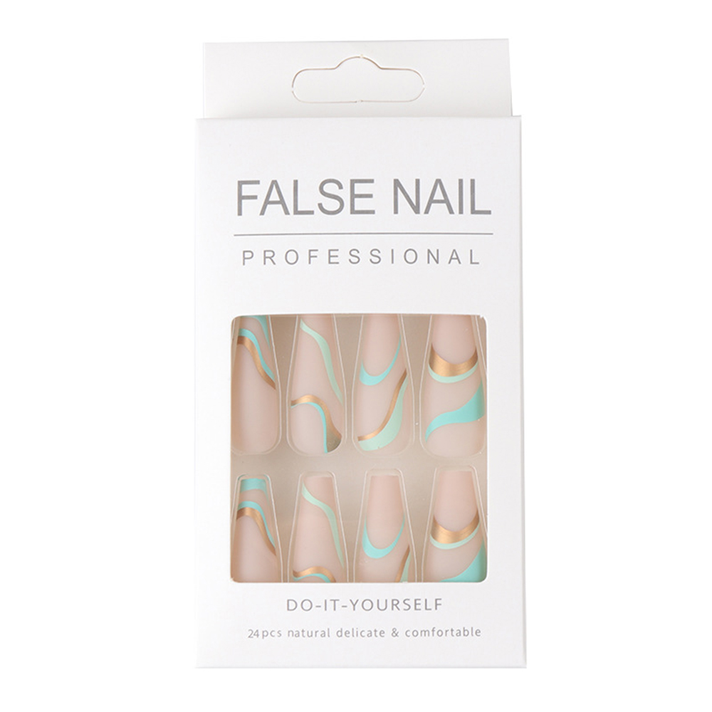 Mint green gold thread wavy press on flase nails
