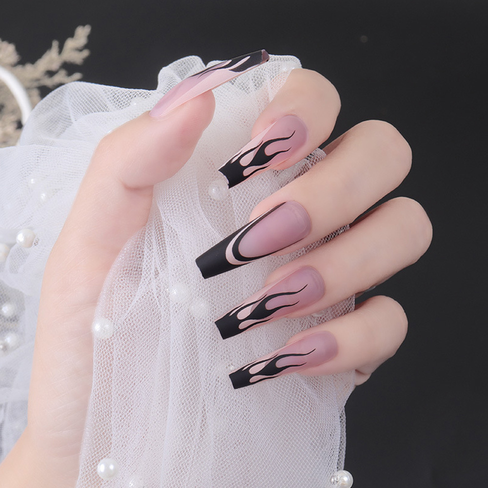 Black flame French long press on false nails