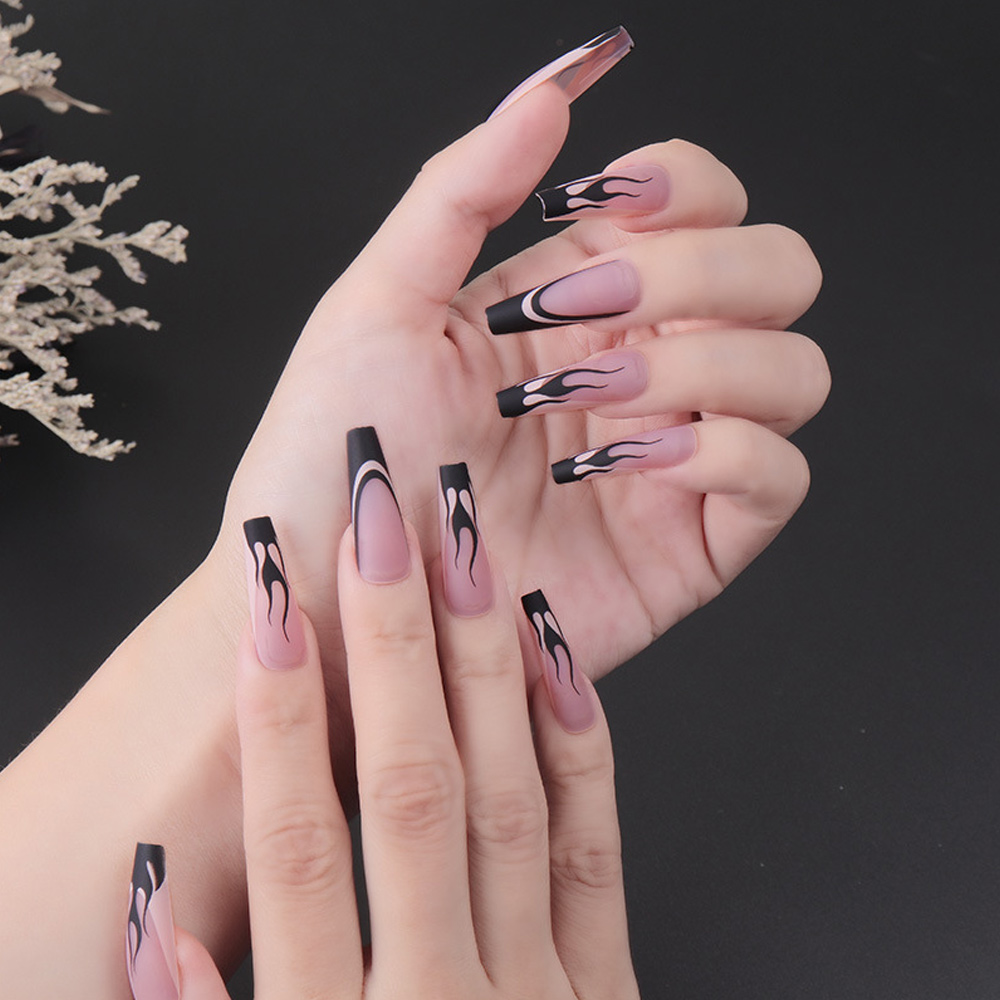 Black flame French long press on false nails