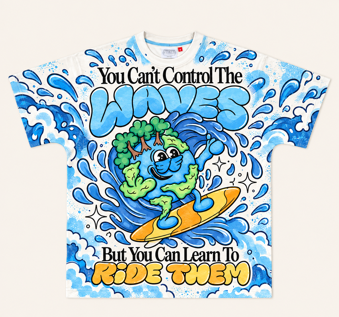 "Ride The Waves" Cute Earth Surfing All-over print pure cotton t-shirt