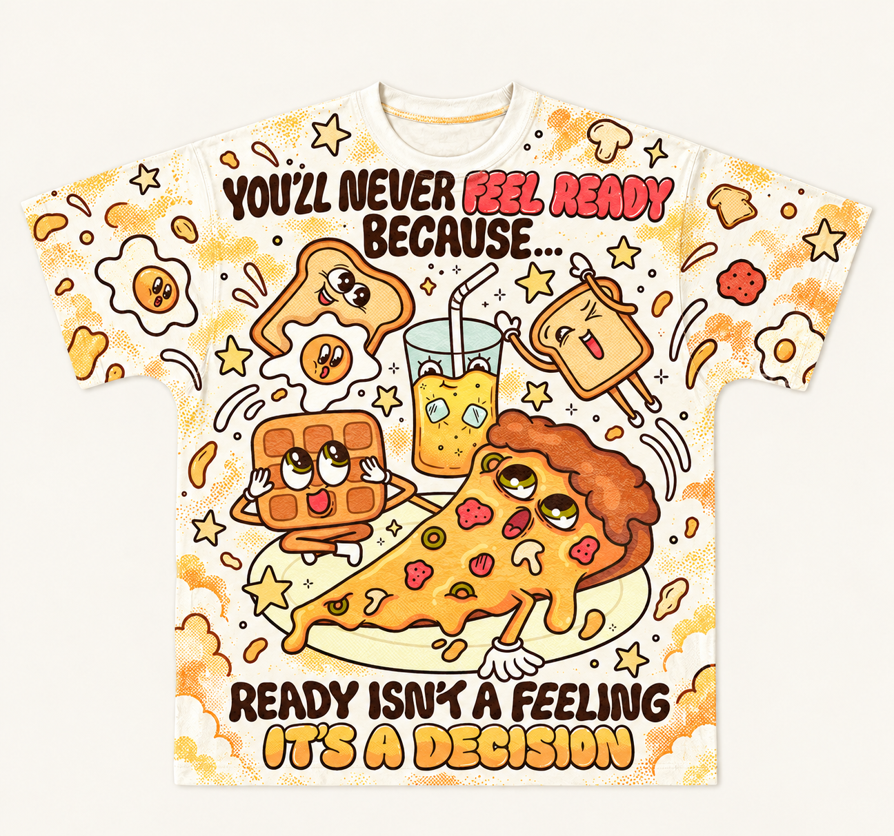 "Ready Isn't A Feeling" Cute Breakfast Pizza All-over print pure cotton t-shirt