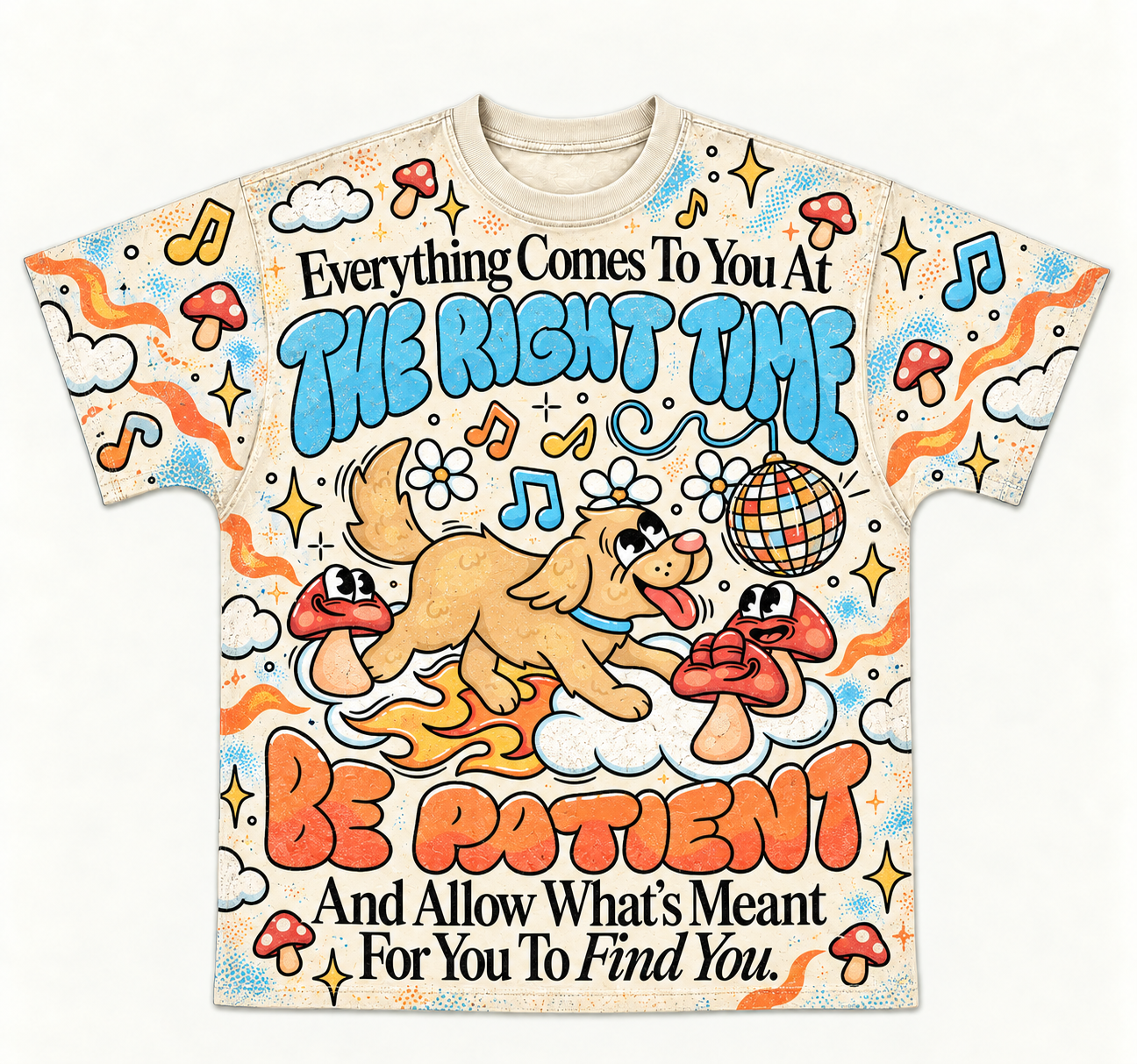 "Be Patient" Cute Golden Retriever Disco Mushroom All-over print pure cotton t-shirt