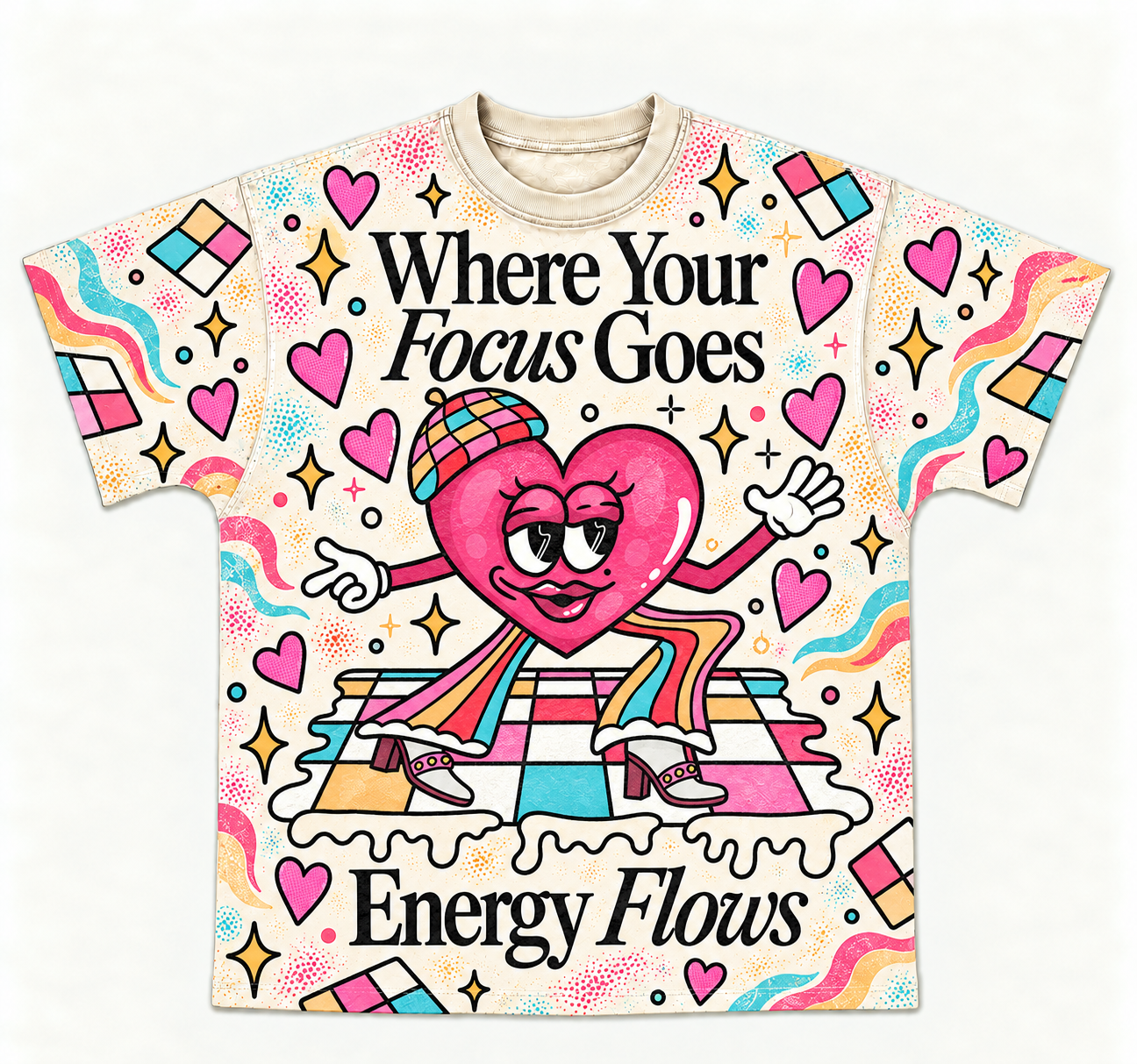  "Where Your Focus Goes" Groovy Dancing Heart All-over print pure cotton t-shirt