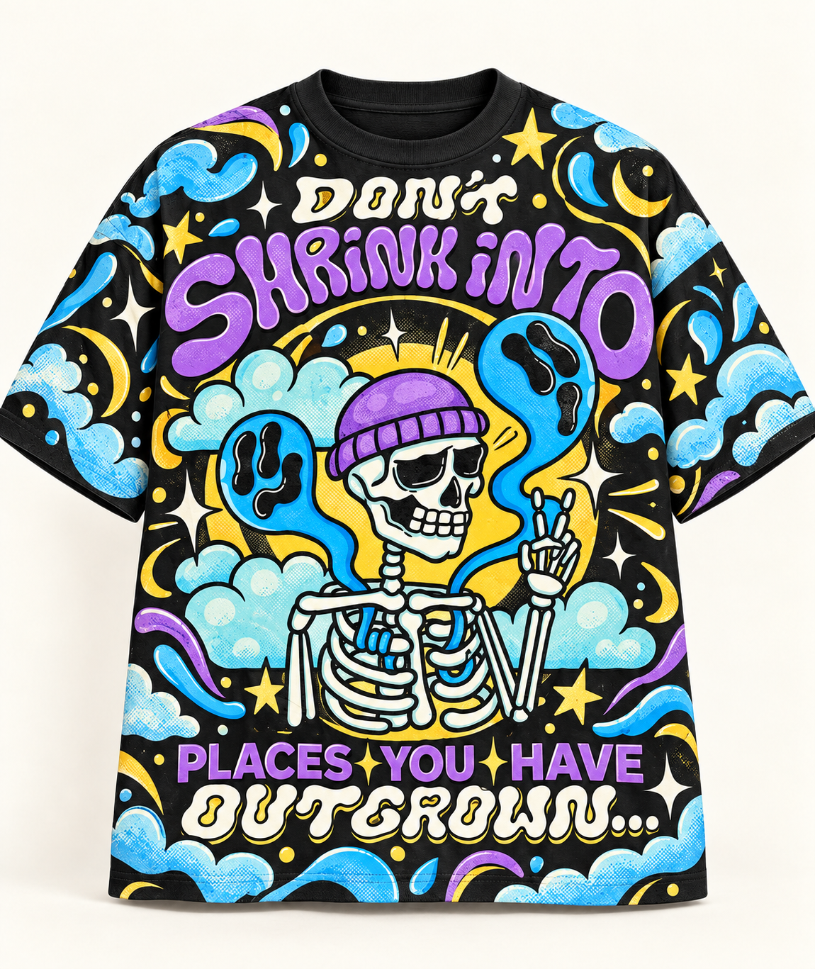 "Don't Shrink Into Places" Trippy Skeleton Cosmic All-over print pure cotton t-shirt
