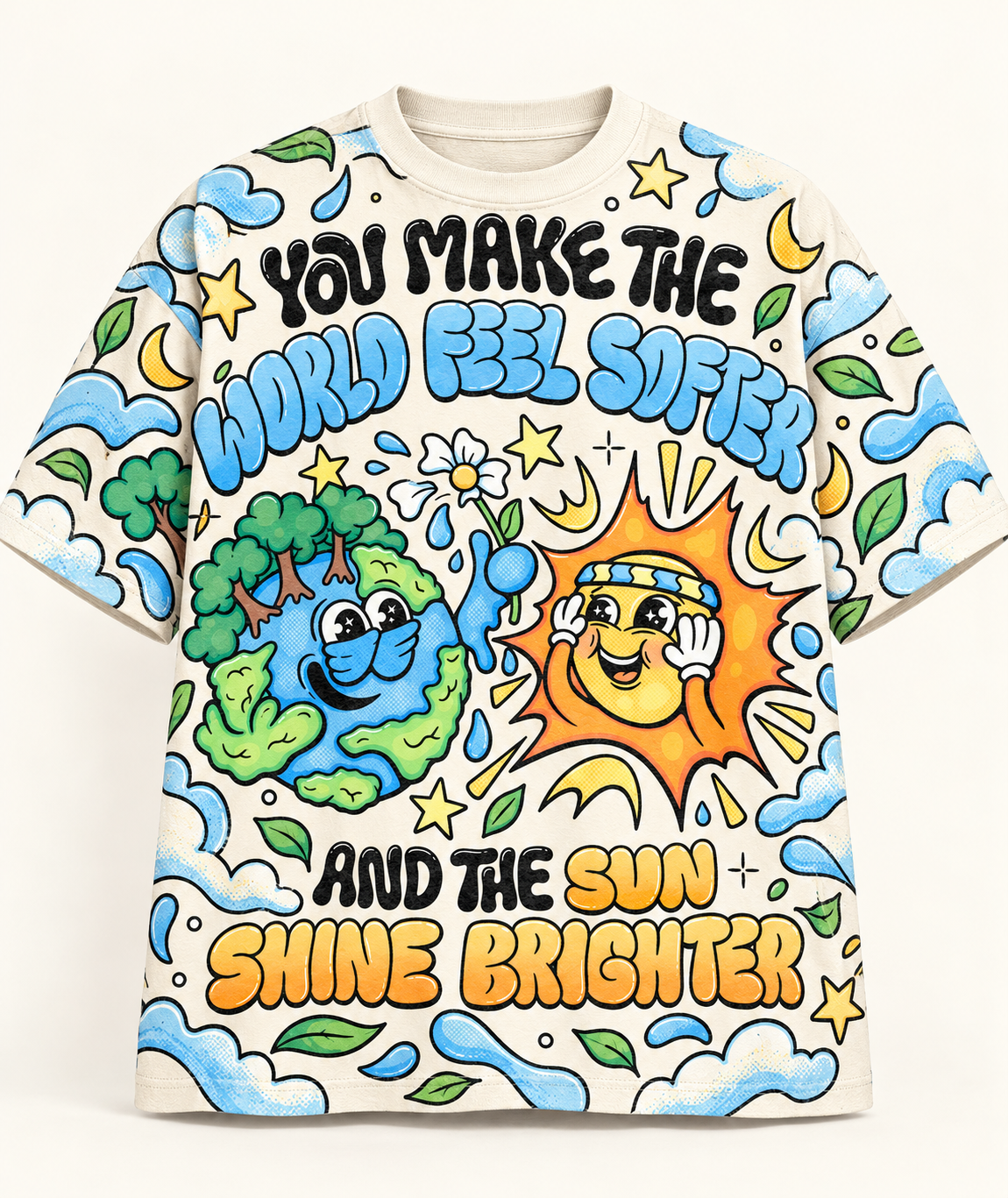 "World Feel Softer" Earth & Sun All-over print pure cotton t-shirt