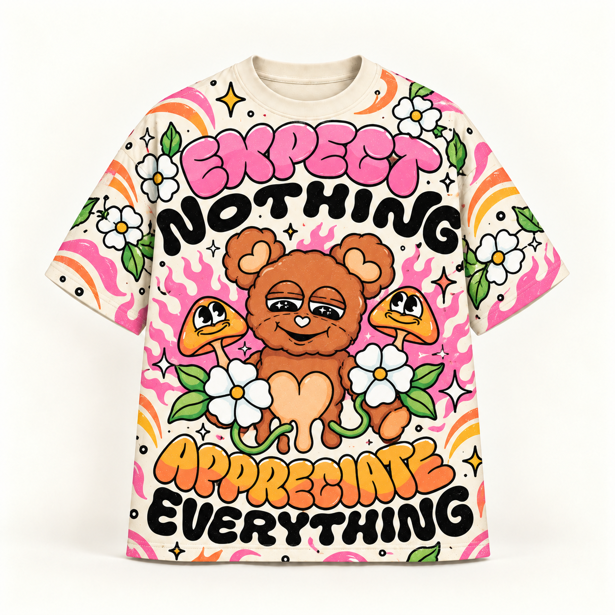 "Expect Nothing" Cute Bear & Mushroom Flame All-over print pure cotton t-shirt