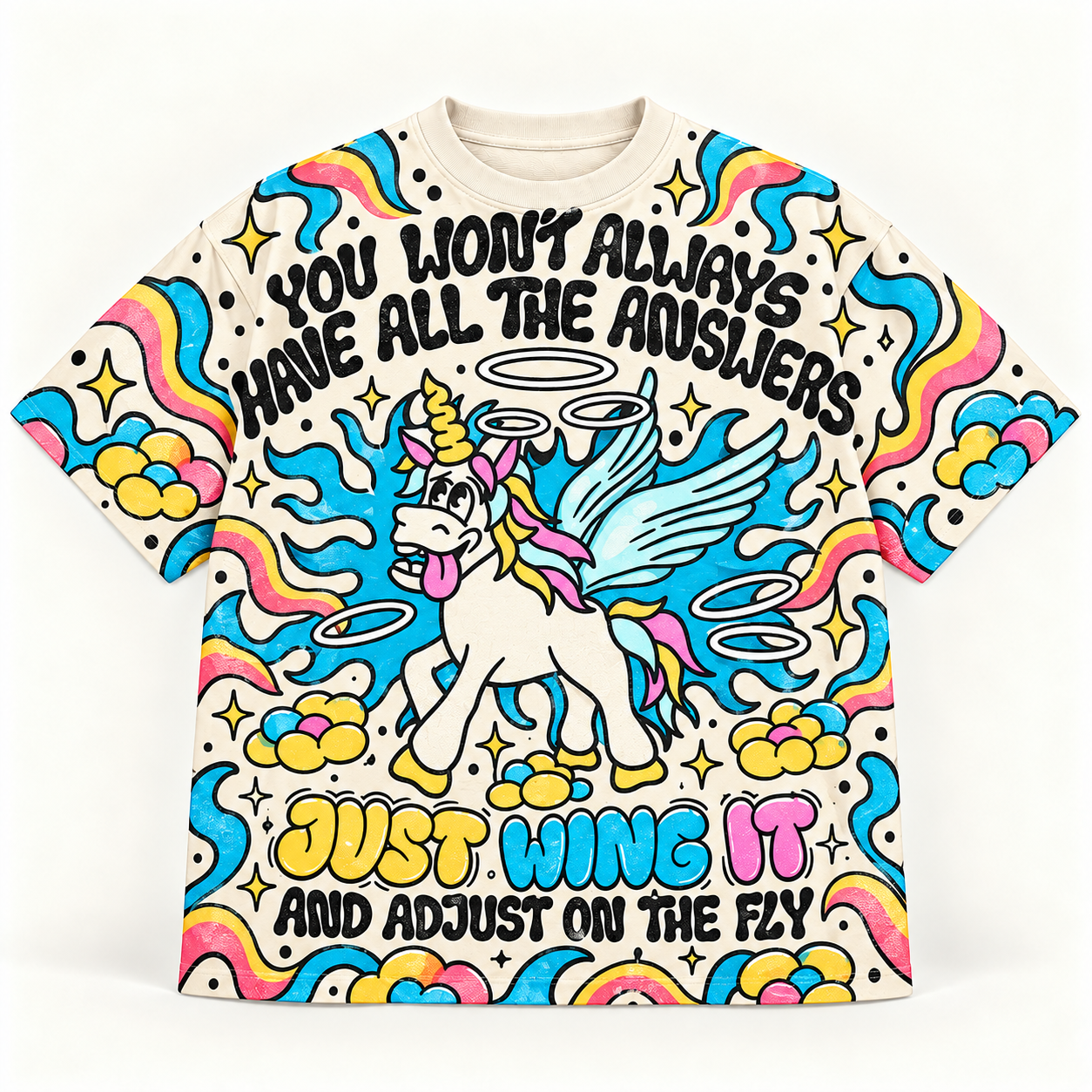 "Just Wing It" Cute Unicorn Rainbow Swirl All-over print pure cotton t-shirt