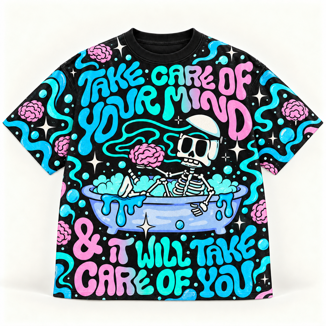 "Take Care Of Your Mind" Skeleton Bathtub All-over print pure cotton t-shirt