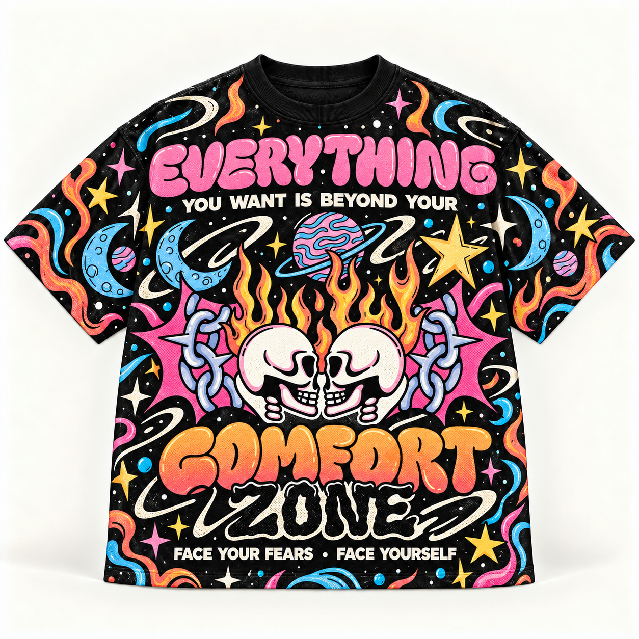 "Beyond Comfort Zone" Twin Skulls Cosmic All-over print pure cotton t-shirt