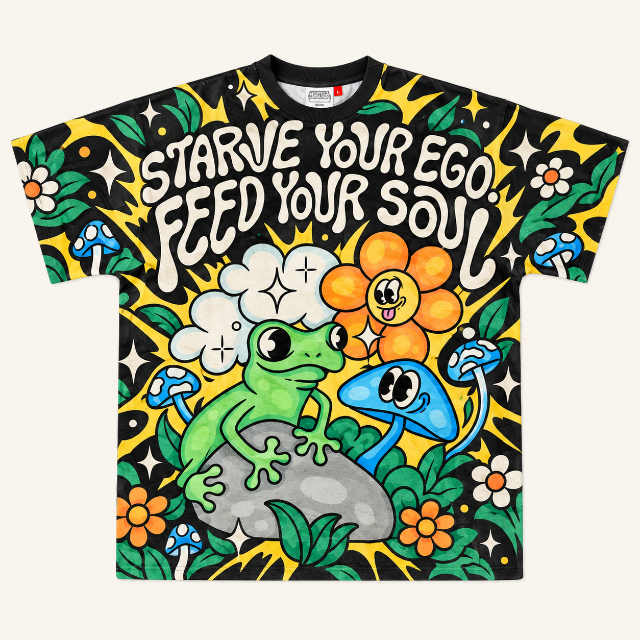 "Starve Your Ego" Cute Frog & Mushroom All-over print pure cotton t-shirt