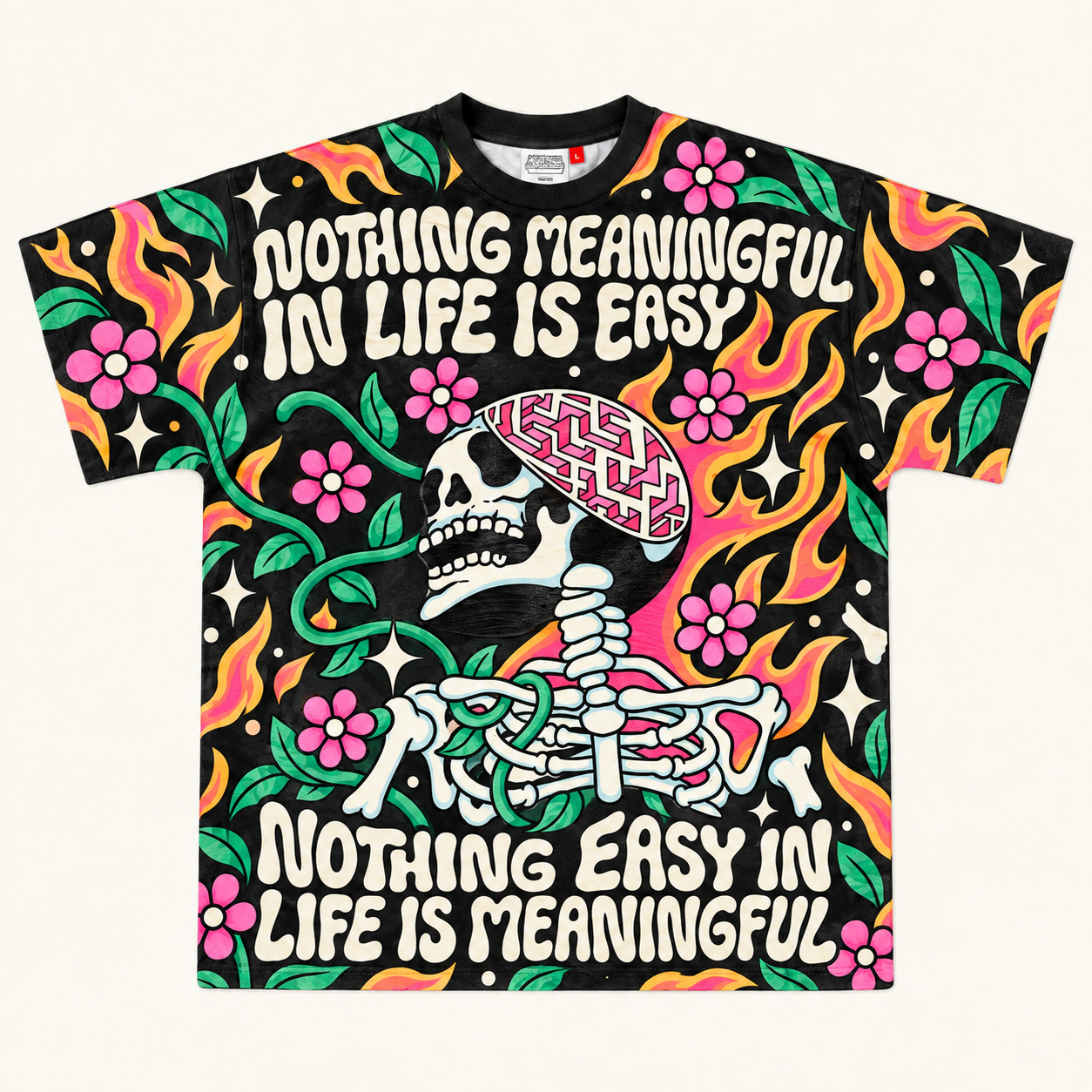 "Nothing Meaningful Is Easy" Maze Brain Skeleton All-over print pure cotton t-shirt