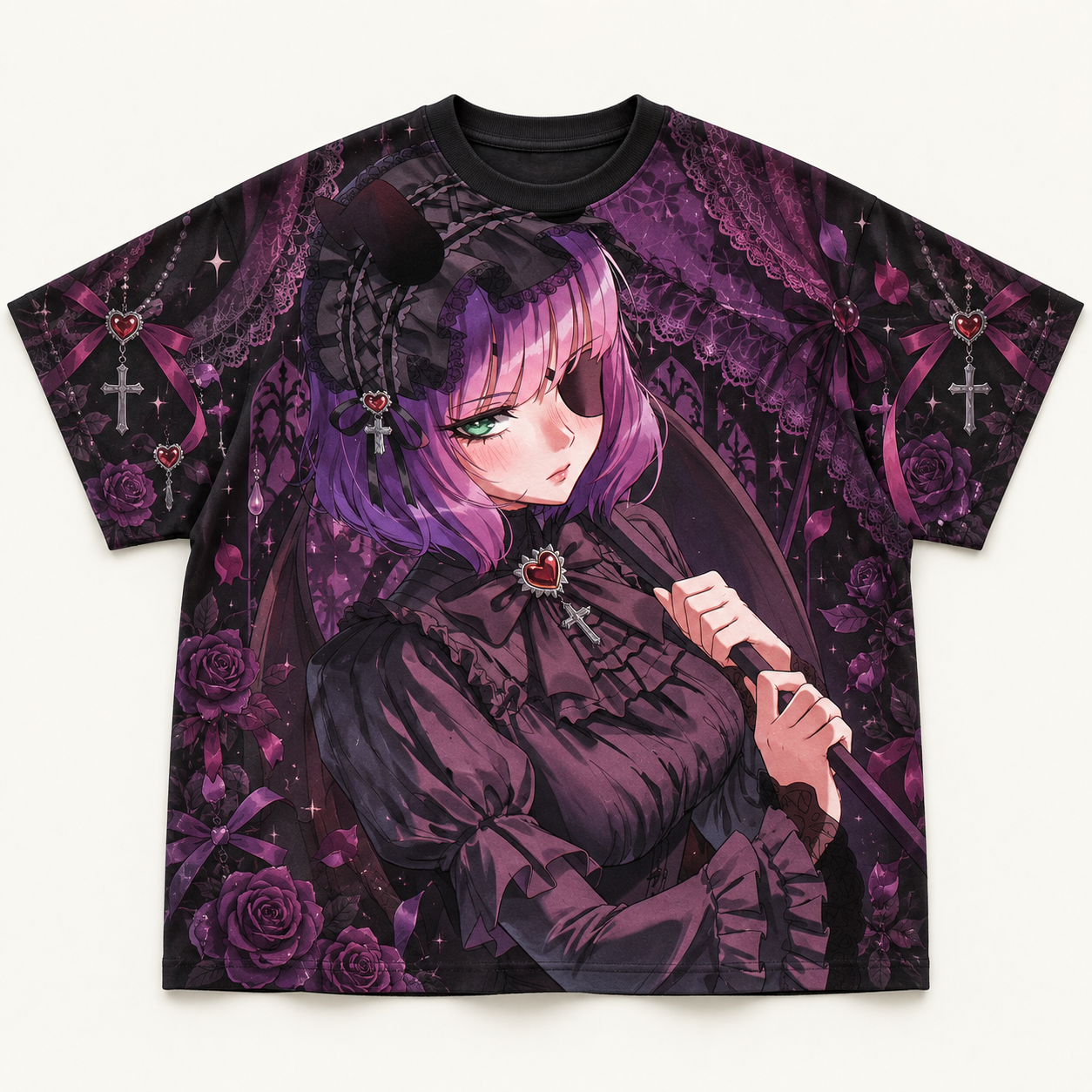Gothic Lolita Eyepatch Anime Girl All-over print pure cotton t-shirt