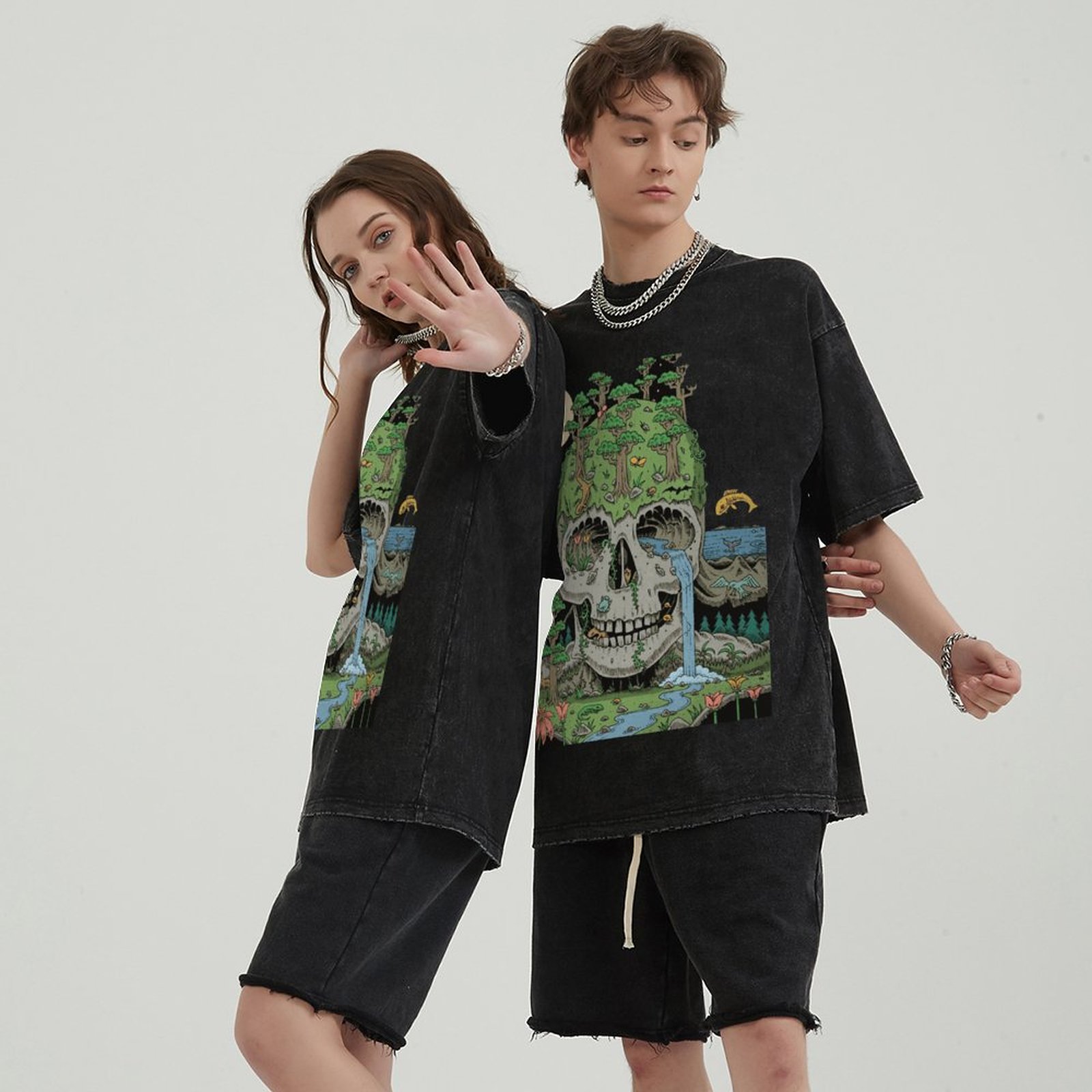Skull Crying Unisex Vintage Solid Wash Denim T-Shirts-Print-cool