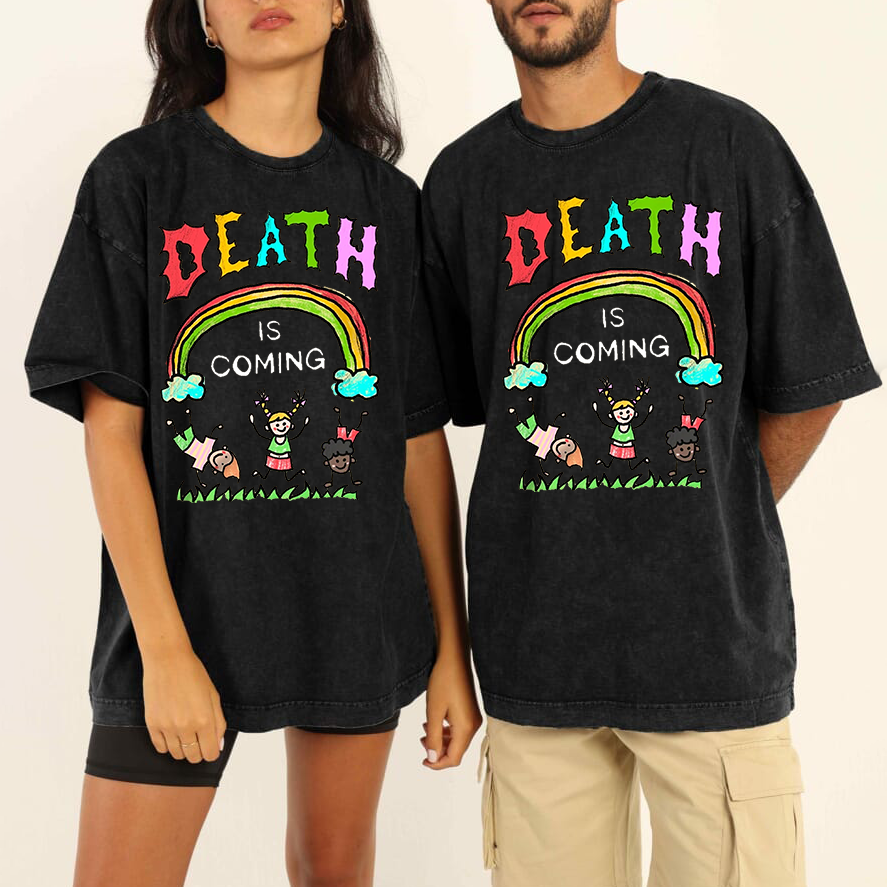 Death Is Coming Unisex Oversized Print Vintage Wash Denim T-Shirt