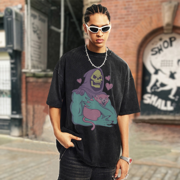 Funny Skull Cat Unisex Printed Retro Washed Short Sleeved T-Shirt [💥Buy 4 get 5th 60%OFF]