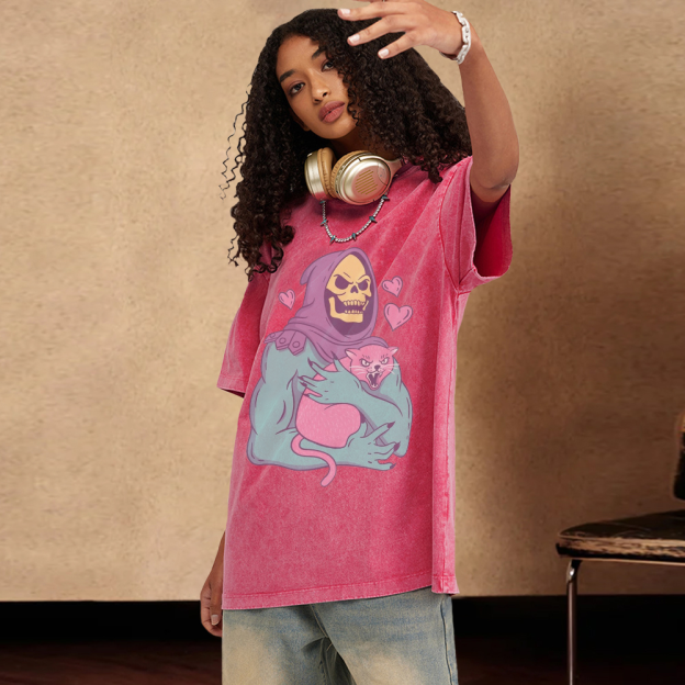 Funny Skull Cat Unisex Printed Retro Washed Short Sleeved T-Shirt [💥Buy 4 get 5th 60%OFF]