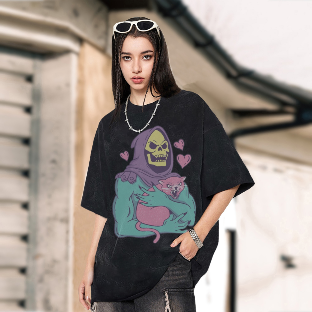 Funny Skull Cat Unisex Printed Retro Washed Short Sleeved T-Shirt [💥Buy 4 get 5th 60%OFF]