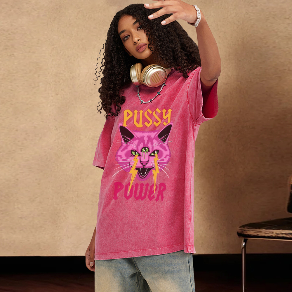 Pussy Power Unisex Oversized Print Vintage Wash Denim T-Shirt