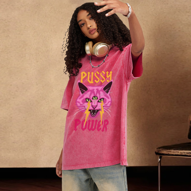 Pussy Power Unisex Oversized Print Vintage Wash Denim T-Shirt