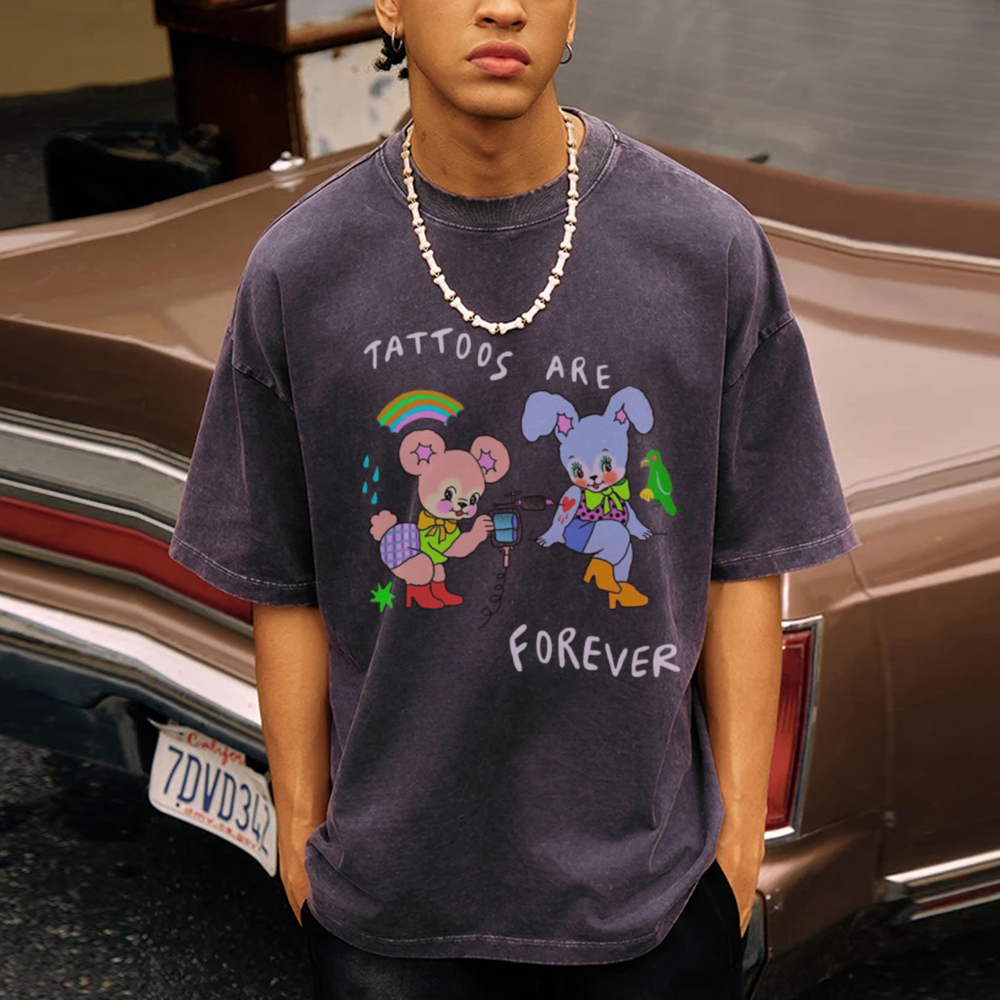 Tattoos Are Forever Unisex Oversized Print Vintage Wash Denim T-Shirt