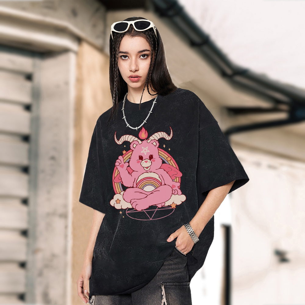 Funny Bear Unisex Printed Retro Washed Short Sleeved T-Shirt