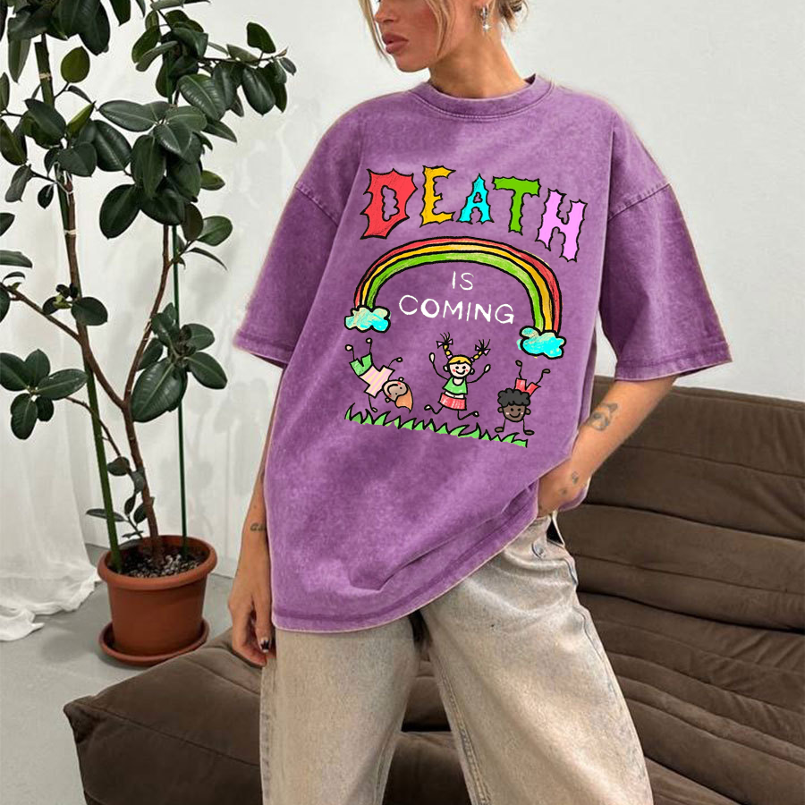 Death Is Coming Unisex Oversized Print Vintage Wash Denim T-Shirt