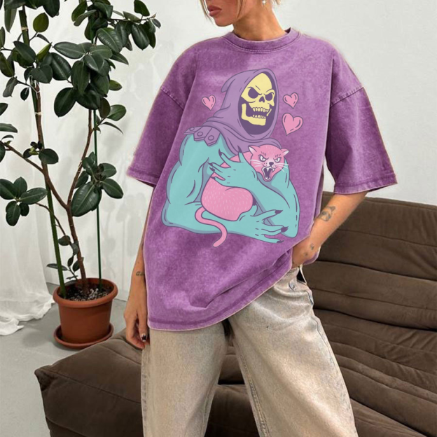 Funny Skull Cat Unisex Printed Retro Washed Short Sleeved T-Shirt [💥Buy 4 get 5th 60%OFF]