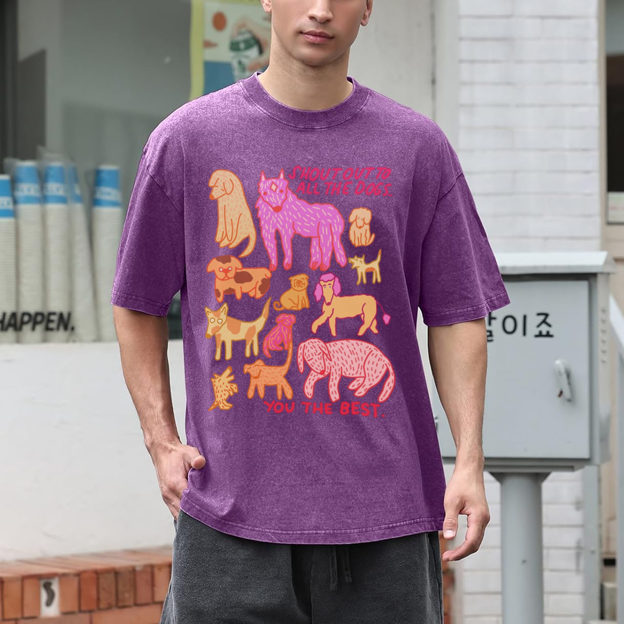Shout Out To All The Dogs Unisex Oversized Print Vintage Wash Denim T-Shirt