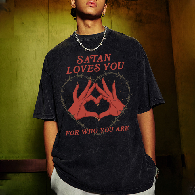 Satan Loves You Unisex Oversized Print Vintage Wash Denim T-Shirt