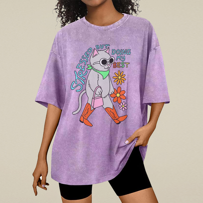 Stressed But Doing My Best Cat Unisex Printed Retro Washed Short Sleeved T-Shirt