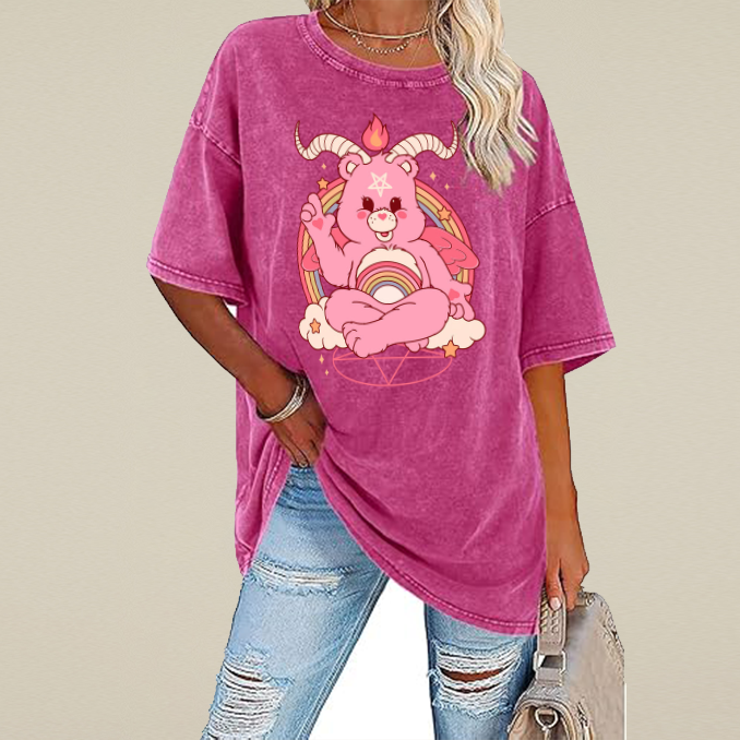 Funny Bear Unisex Printed Retro Washed Short Sleeved T-Shirt