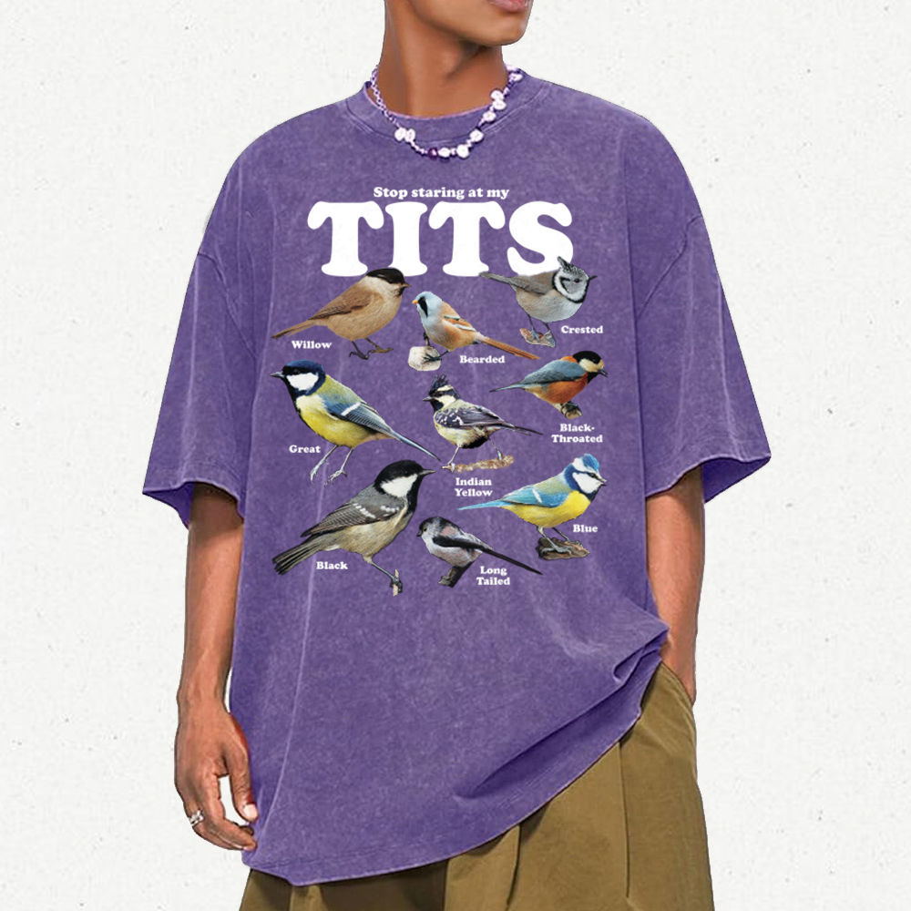 Stop Staring At My Tits Unisex Oversized Print Vintage Wash Denim T-Shirt
