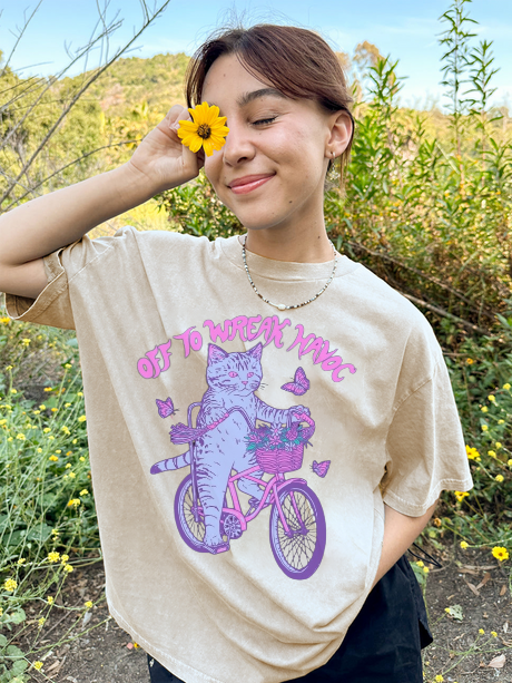 Off To Wreak Havoc Unisex Oversized Print Vintage Wash Denim T-Shirt