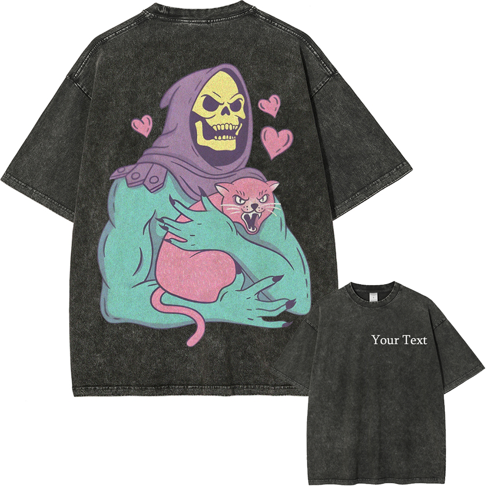 Funny Skull Cat Customized Unisex Fit Washed T-Shirt