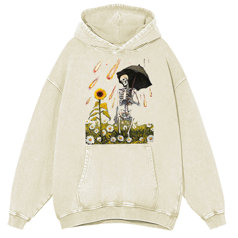 Skull Sunflower Raining Unisex Printed Casual Washed Hoodie Sweatshirt