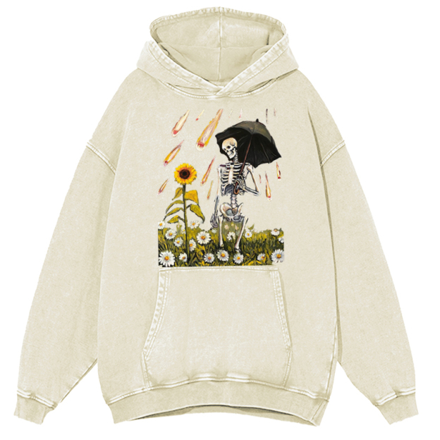 Skull Sunflower Raining Unisex Printed Casual Washed Hoodie Sweatshirt