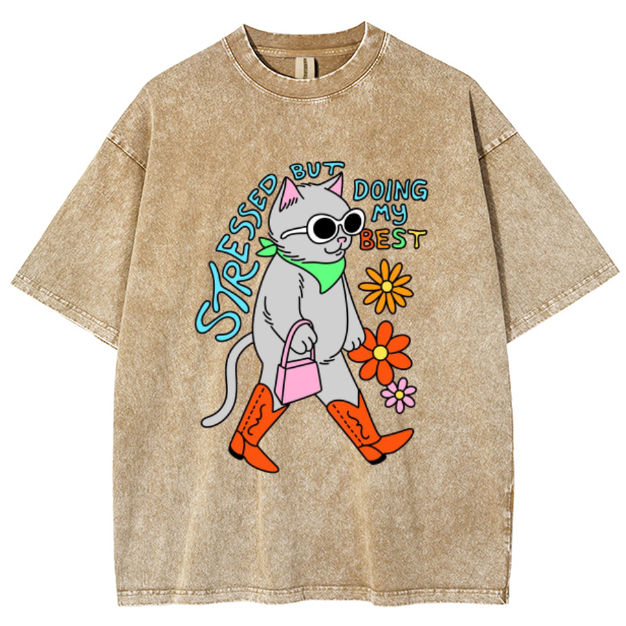 Stressed But Doing My Best Cat Unisex Printed Retro Washed Short Sleeved T-Shirt