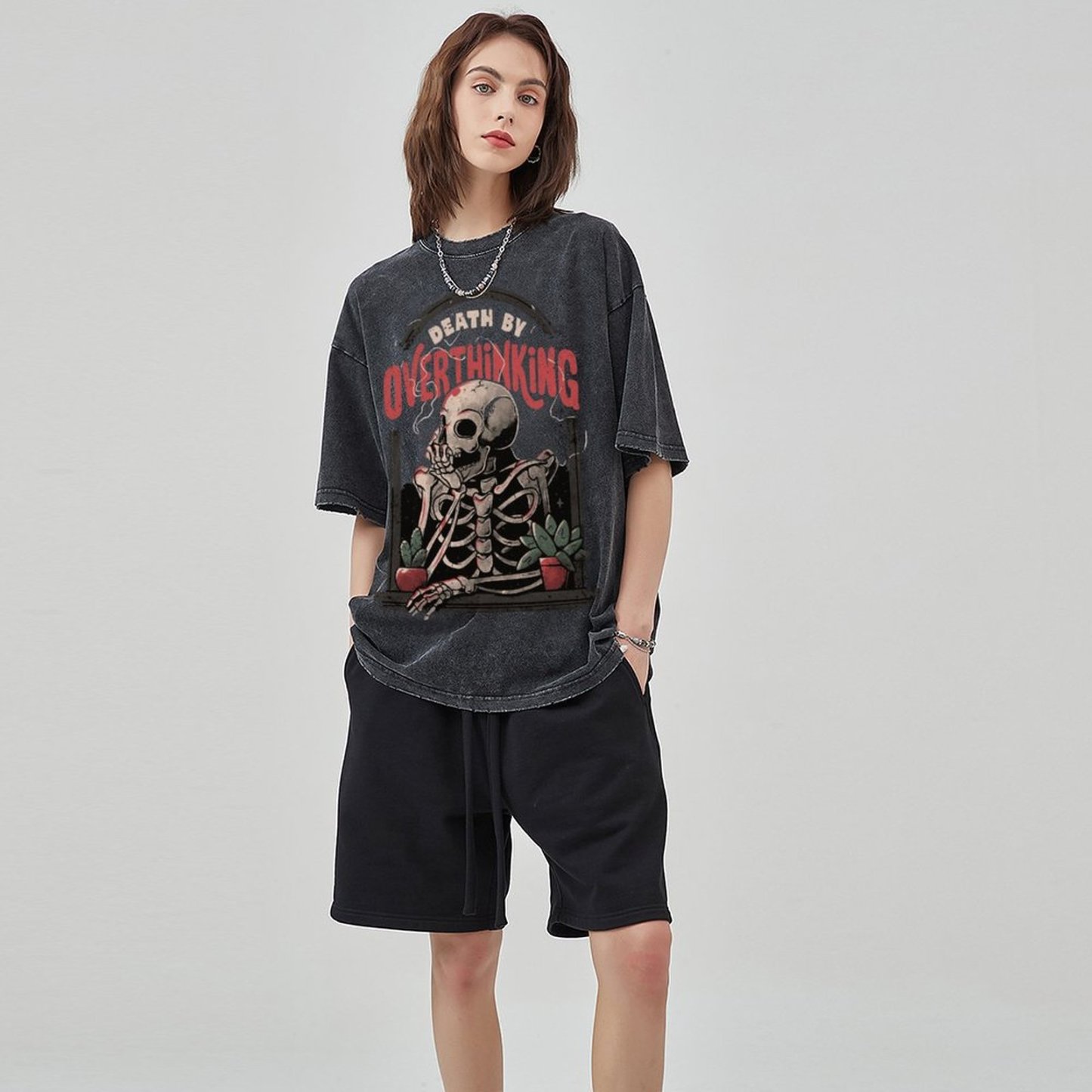 Death Skull Unisex Vintage Solid Wash Denim T-Shirts