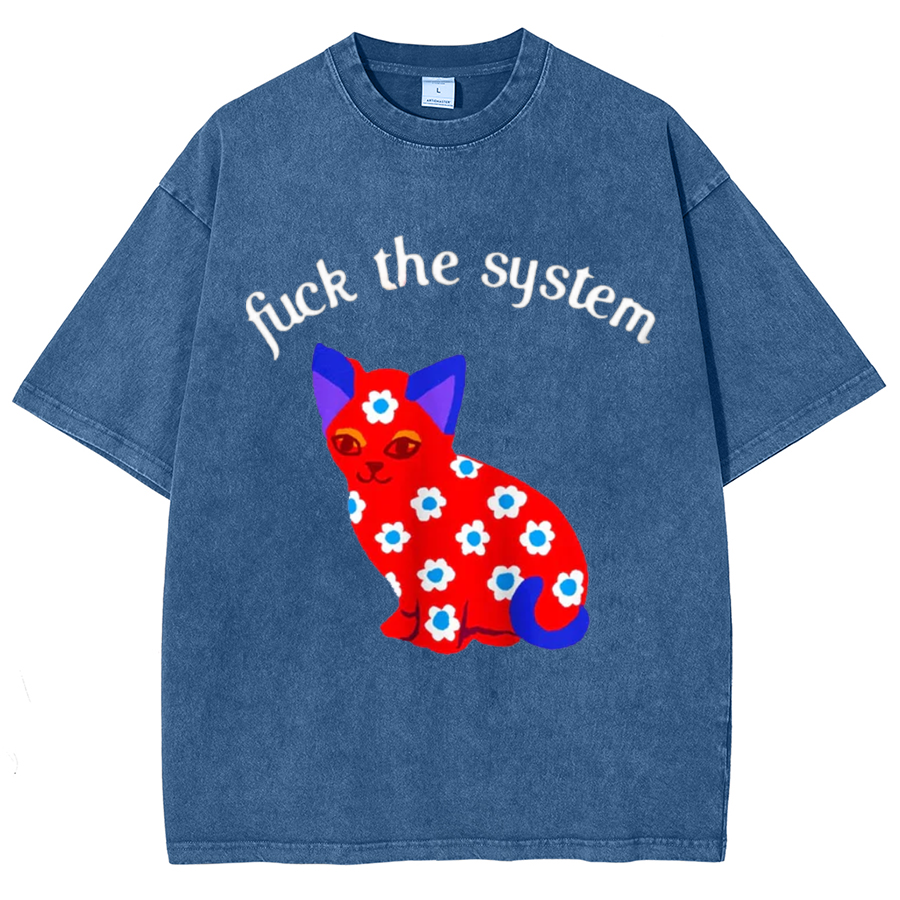 F The System Unisex Oversized Print Vintage Wash Denim T-Shirt-Print-cool