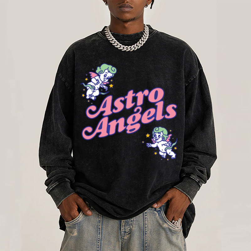 Astro Angels Unisex Casual Washed Printed Round Neck Long Sleeve T-shirt