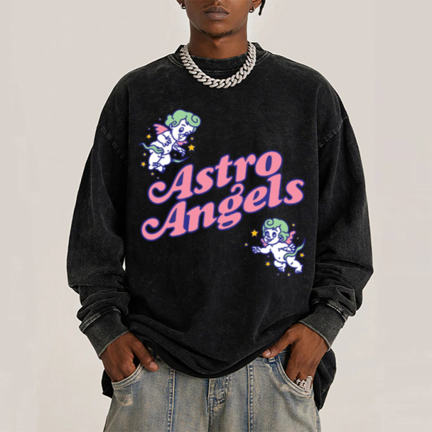 Astro Angels Unisex Casual Washed Printed Round Neck Long Sleeve T-shirt