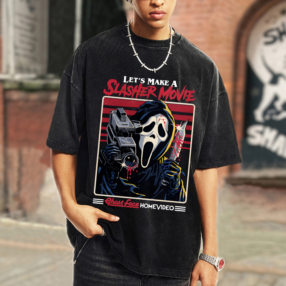 Let's Make A Slasher Movie Unisex Oversized Print Vintage Wash Denim T-Shirt
